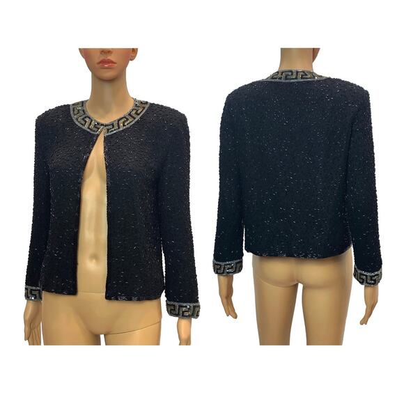 90s Y2K Black Heavily Beaded Silk Jacket Gold Silver Greek Key - Picture 10 of 10